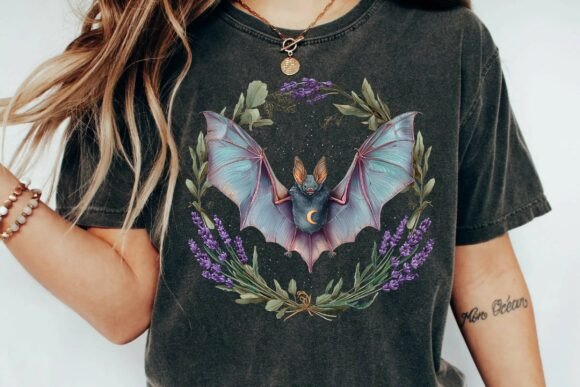 Download Mystical Bat with Crescent Moon and Lavender Floral Wreath Gothic Illustration Png - Gothic illustration Collection